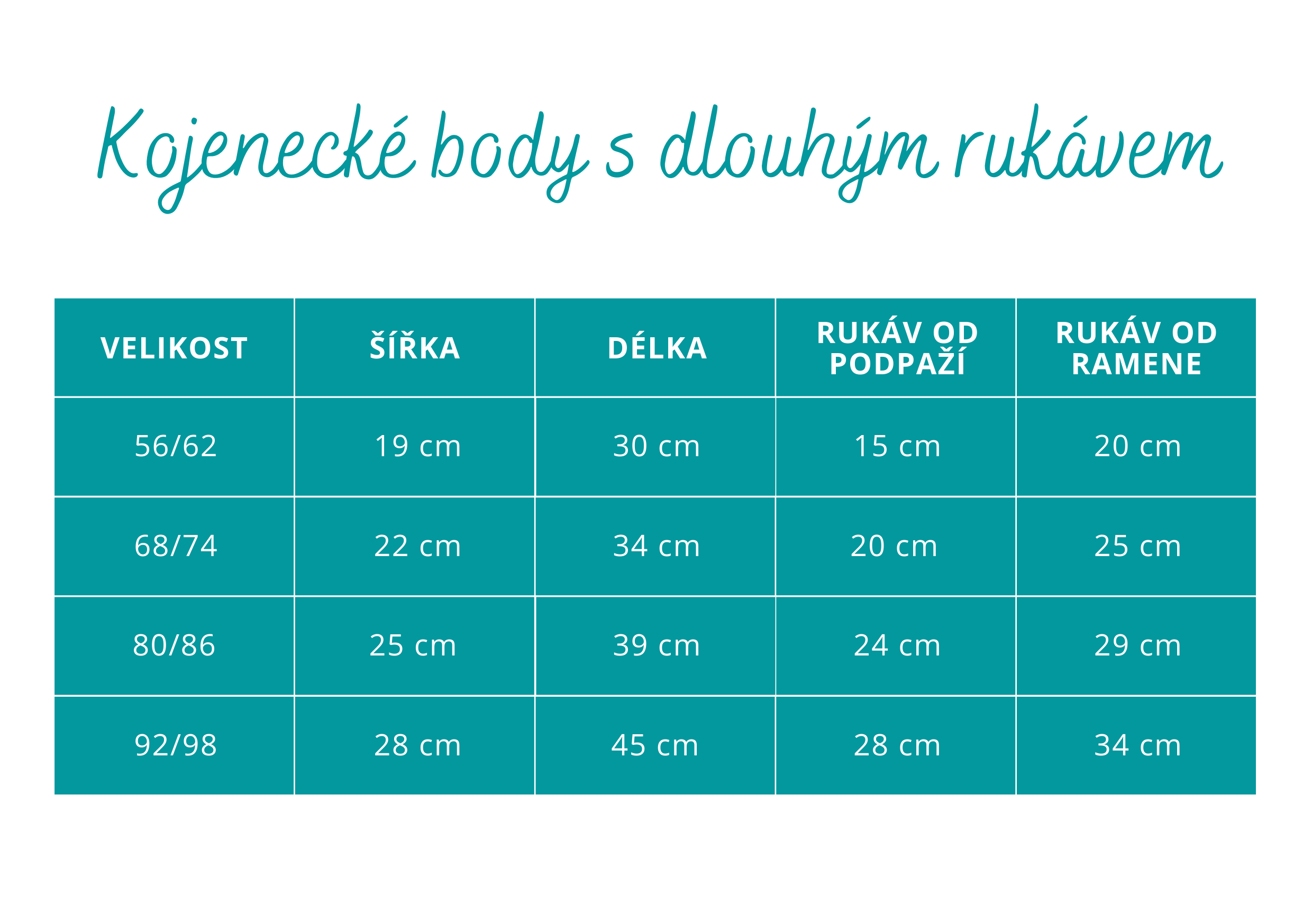 Tabulka velikostí kojenecké body s dlouhým rukávem